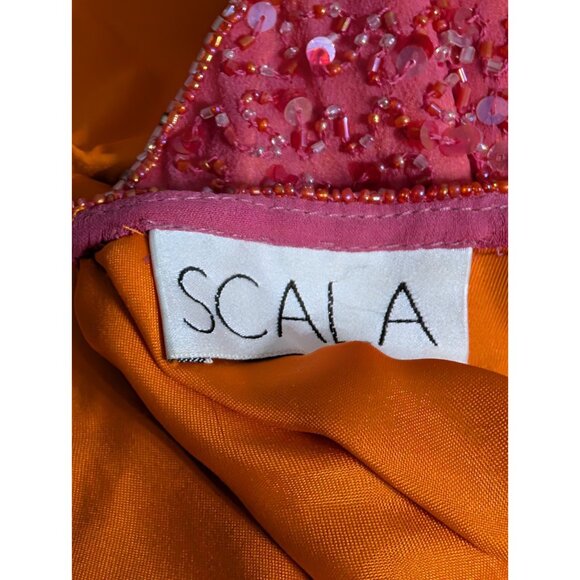 Vintage Y2K Scala Beaded Silk Halter Key Hole Backless Pink Double Slit Gown M - Picture 13 of 15